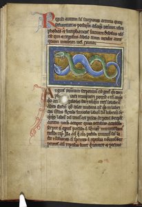 Royal MS 12 C XIX, f.63v Anguis, de "Bestiary", c.1200-10 (tinta, cor e ouro sobre velino) de English School