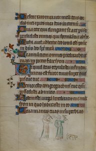 Royal ms 2_B VII f.177v Cena bas-de-página de duas mulheres portadoras de falcões, e um pequeno cão à sua frente, com uma inicial habitada, ilustração da 