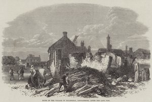Ruínas da Vila de Billinghay, Lincolnshire, após o falecido incêndio (gravura) de English School