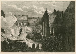 Ruínas do interior de seu teatro Majestys, Haymarket, Londres, após o incêndio de English School