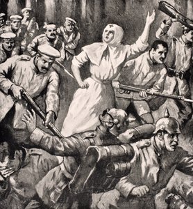 A enfermeira russa Mira Miksailovitch Ivanoff lidera os homens contra os alemães, em 1915, do &39;The War Illustrated Album deLuxe&39; publicado em Londres, 1916 de English School