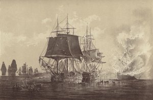 Navio russo Vsevolod destruído na presença da frota russa após a acção com o HMS Implacable, ligado à Marinha sueca e comandado pelo Capitão Thomas Byam Martin, no Báltico, 26 de Agosto de 1808 (litho) de English School