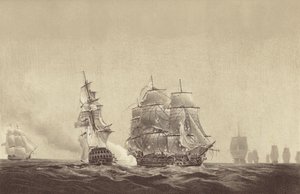 O navio russo Vsevolod a exibir as suas cores ao HMS Implacable, ligado à marinha sueca e comandado pelo capitão Thomas Byam Martin, no Báltico, 26 de agosto de 1808 (litografia) de English School