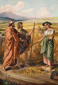 Ruth perguntando a Boaz se ela pode colher no seu campo (chromolitho) de English School