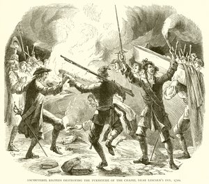 Sacheverel Rioters destruindo o mobiliário da capela perto de Lincolns Inn, 1710 de English School