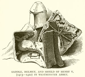 Sela, capacete e escudo de Henrique V (1413--1422) na Abadia de Westminster de English School