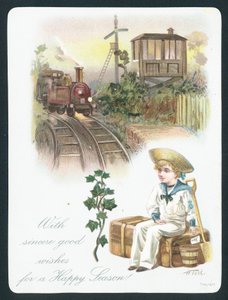 Trem de espera do menino de marinheiro, cartão de de English School