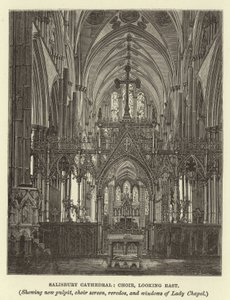 Catedral de Salisbury, coro, olhando para o leste, mostrando novo púlpito, tela de coro, retábulos e janelas de Lady Chapel de English School