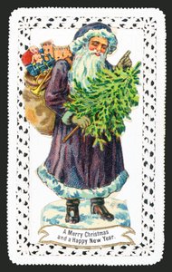 Papai Noel com saco de brinquedo e árvore, cartão de Natal de English School