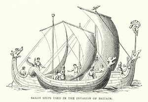 Navios saxões utilizados na invasão da Grã-Bretanha (gravura colorida) de English School