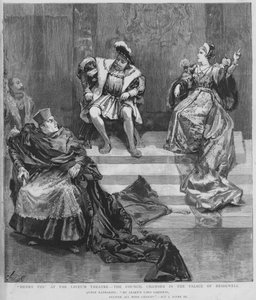 Cena de uma produção de Henrique VIII de Shakespeare no Lyceum Theatre, Londres (litho) de English School