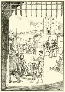Cena em um pátio do castelo (tinta no papel) de English School