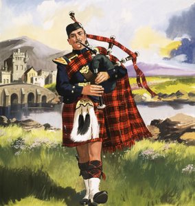 Escocês, tocando, bagpipes de English School