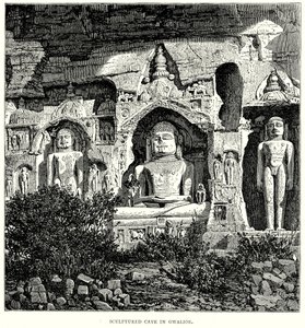 Gruta esculpida em Gwalior (gravura) de English School