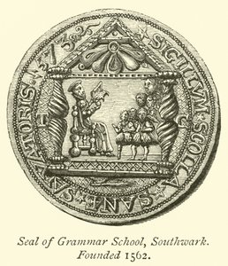 Selo da Escola de Gramática, Southwark, fundado em 1562 de English School