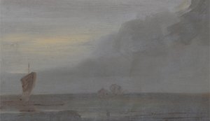 Seapiece with Boats: Evening, anteriormente atribuída a JMW Turner (1775-1851) e também atribuída a Peter de Wint (1784-1849), 1810-20 (óleo sobre papel) de English School