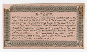 Bilhete de temporada para admissão à Grande Exposição de 1851, reversa, mostrando regras de English School