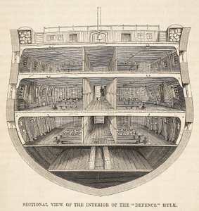 Ideia secional do interior do hulk da defesa, ilustração das prisões criminosas de Londres e cenas da vida da prisão por Henry Mayhew e por John Binny, bar. 1862 de English School