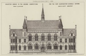 Design seleccionado no Segundo Concurso para as Novas Escolas de Exame de Oxford, Front Elevation (gravura) de English School