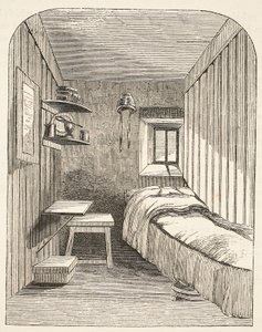 Separe a célula adormecida em uma das novas alas da Prisão Feminina em Brixton, ilustração das Prisões Penais de Londres e Cenas da Vida na Prisão de Henry Mayhew e John Binny, pub de English School