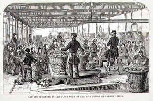 Serviço de Jantar na Sala Oakum da Prisão dos Rapazes em Tothill Fields, de "The Criminal Prisons of London and Scenes of Prison Life" de Henry Mayhew (1812-87) e John Binny de English School