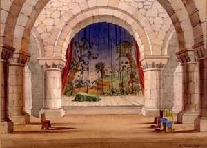 Cenário para Hamlet por William Shakespeare, 1858 (wc no papel) de English School