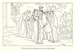 Shakespeare é o Mercador de Veneza; Portia descobrindo-se como os doutores da lei fingidos (gravura) de English School