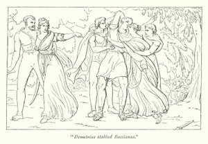 Titus Andronicus, de Shakespeare; Demetrius, instigado por Tamora, assassina Bassianus (gravura) de English School
