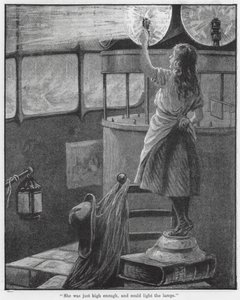 "Ela era suficientemente alta, e podia acender as lâmpadas" (gravura) de English School