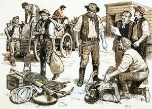O Xerife Henry Plummer foi responsável por roubo e violência por atacado (guache no papel) de English School