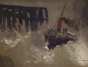 Navio lutando contra grandes ondas (chromolitho) de English School