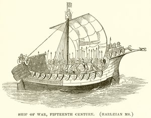 Navio de guerra, século XV. (Ms. Harleiana) de English School