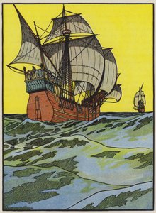 Navios de Cristóvão Colombo a atravessar o Atlântico (litografia a cores) de English School