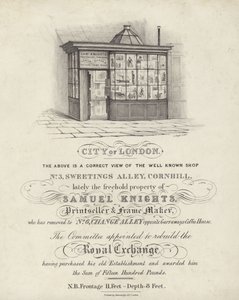 Loja de Samuel Knights, imprimidor e fabricante de molduras, 3 Sweetings Alley, Cornhill, Cidade de Londres de English School