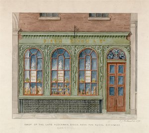 Loja do falecido vereador Alderman perto do Royal Exchange. 1871 (wc no papel) de English School