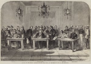 Assinatura do Tratado entre Inglaterra e China em Tien-Tsin, em 26 de Junho de 1858 (gravura) de English School