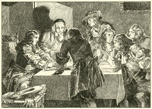 Assinando o convite para William de Orange (tinta no papel) de English School