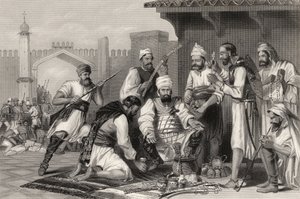 Tropas sikhs dividindo o espólio retirado dos amotinados, de "A História do Motim Indiano", publicado em 1858 de English School