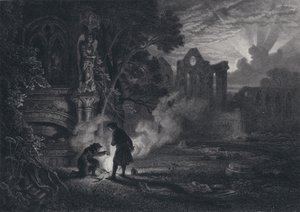 Sir Arthur e Dousterswivel nas ruínas de Santa Rute (gravura) de English School