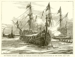 Sir Francis Drakes Chegada a Ternate durante sua Circunavegação do Globo, 1577--1580 de English School