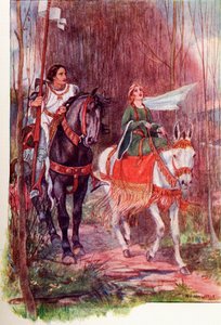 Sir Lancelot e a Rainha Guinevere. Ilustração a cores do livro The Gateway to Tennyson, publicado em 1910. de English School