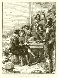 Sir Walter Raleigh, em Trinidad, recebendo informações dos soldados espanhóis sobre a Guiana, 1595 de English School