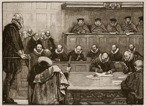 Sir Walter Raleigh perante os juízes, ilustração da história ilustrada de Cassells da Inglaterra (foto sépia) de English School