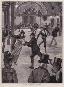 Patinagem na pista de gelo Crystal Ice Rink no Royal Aquarium, Westminster, Londres (litho) de English School