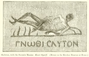 Esqueleto, com o Maxim Socrático: Conhece a ti mesmo. (Mosaico no Museu Kircher em Roma) de English School