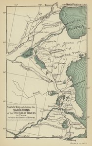 Mapa esquemático, mostrando as variações dos dois grandes rios da China no período da história (litografia a cores) de English School