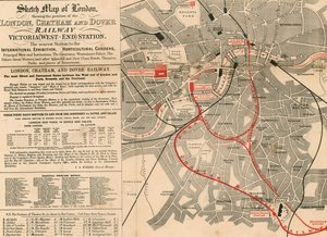 Mapa de esboço de Londres mostrando a posição da ferrovia de Londres, Chatham e Dover