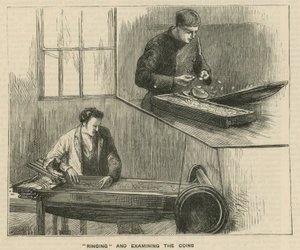 Esboços na Casa da Moeda Real, Tower Hill; tocando e examinando as moedas de English School