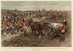 Esboços do Exército Britânico, os Argyll e Sutherland Highlanders em Marcha num Dia de Campo (litografia a cores) de English School