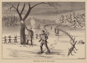 Corrida com raquetes de neve na Nova Escócia (gravura) de English School